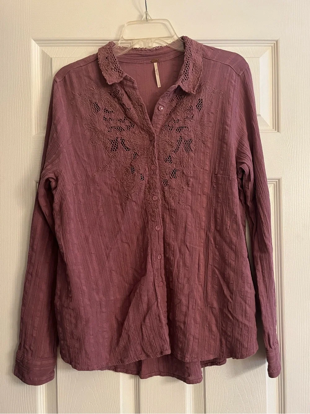 Free People Purple Carter Dobby Lace-Embroidered Button Down Blouse